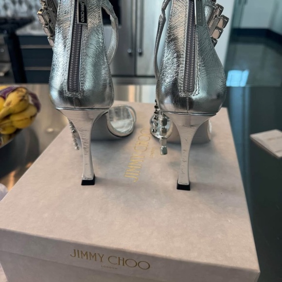 Jimmy Choo Women’s Metallic Silver leather Crystal Heels Size 39 Worn Once - Picture 3 of 8